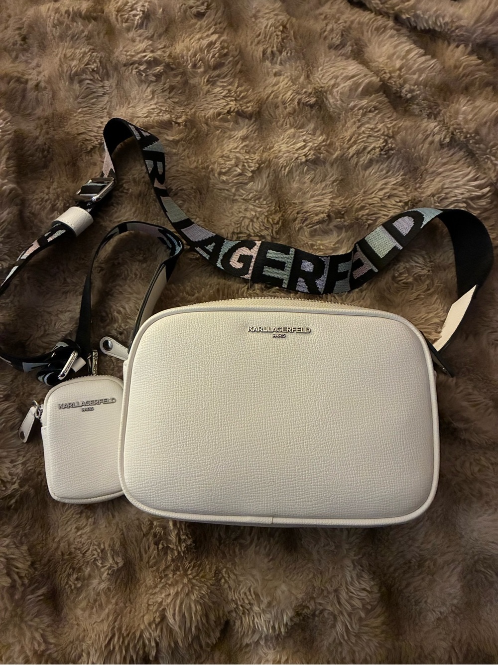 Karl Lagerfeld White Textured Crossbody with Black Logo Strap